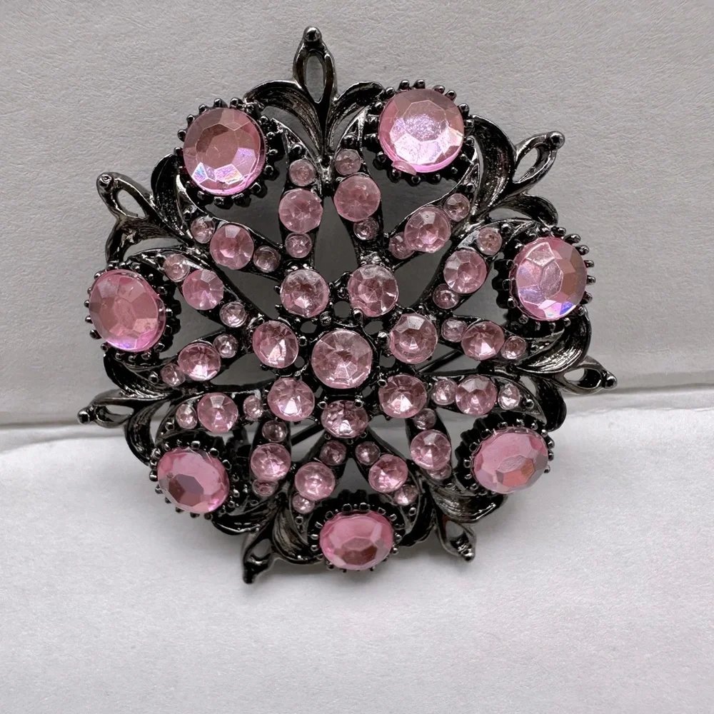 Vintage Pink Rhinestone Flower Brooch